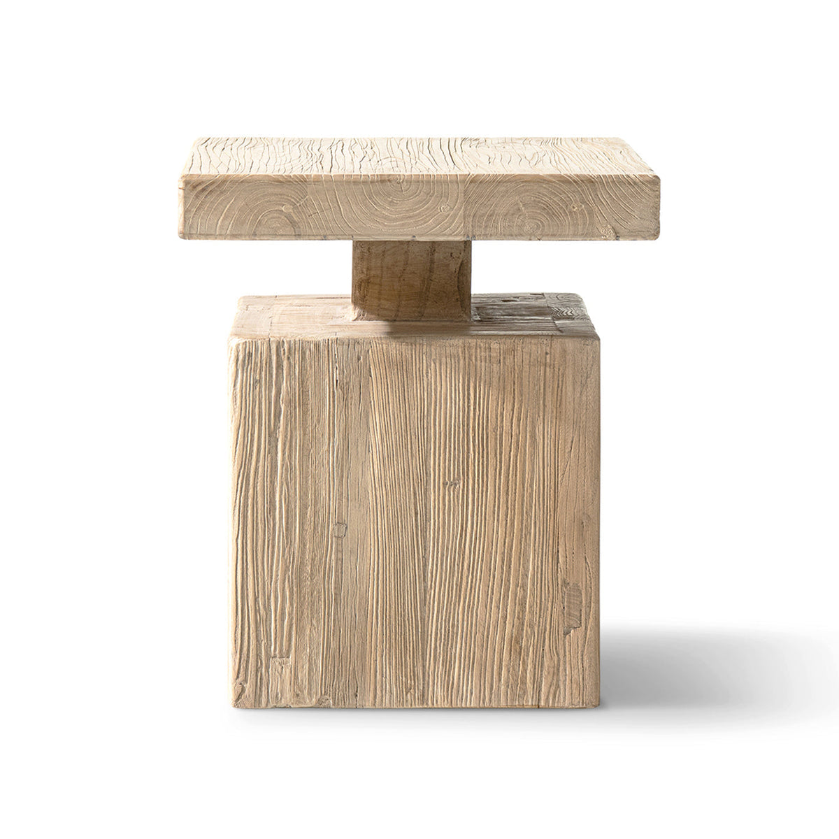 Calder 18' Solid Square Reclaimed Elm Block Plinth Side Table, Heritage Light Natural Brown