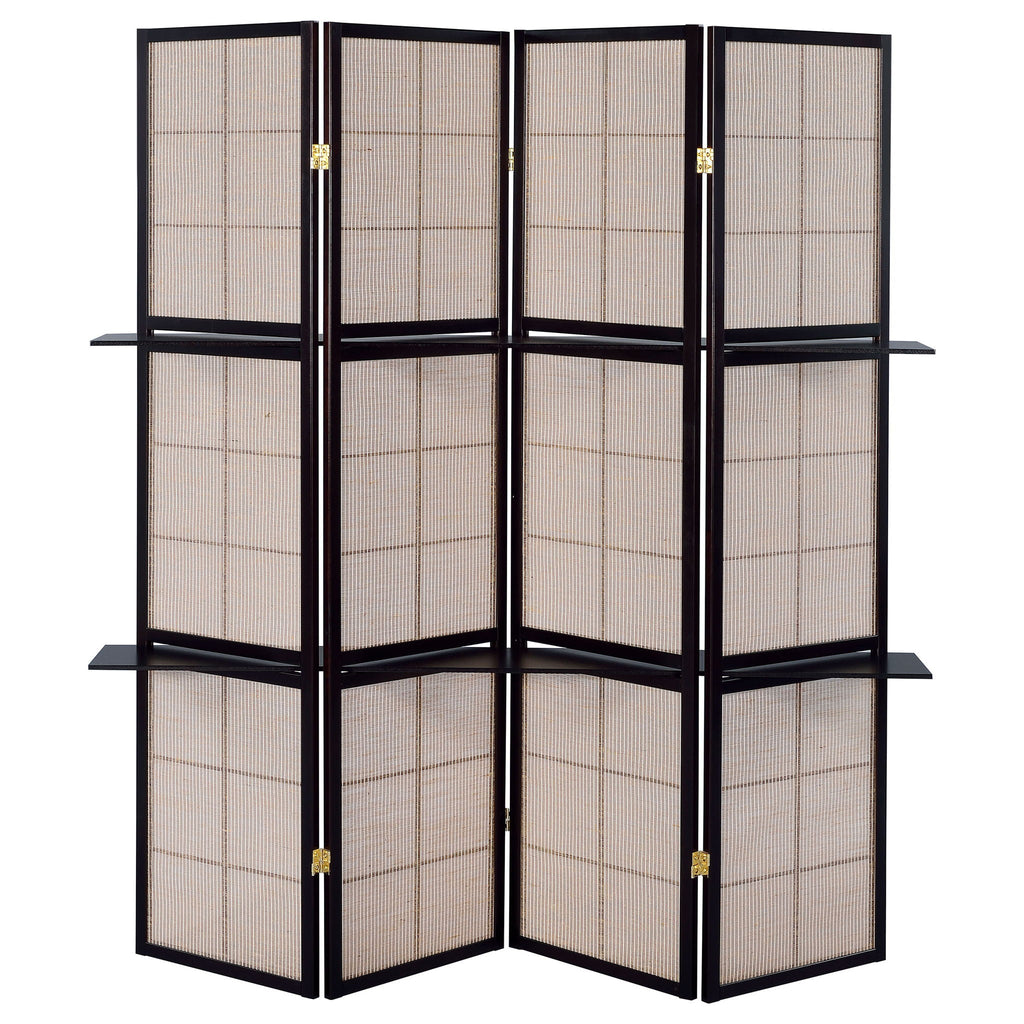 4 Panel Folding Screen With Shelves - Brown