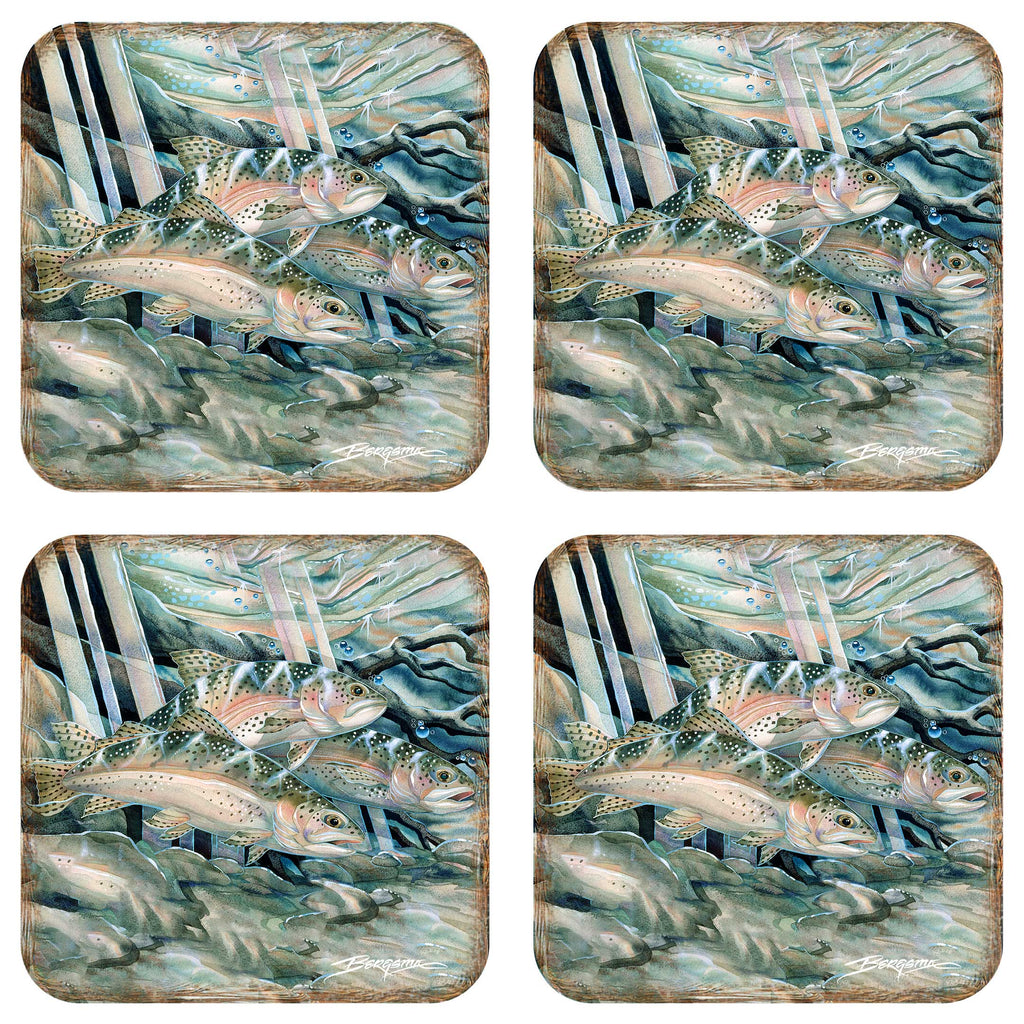 Catch the Rainbow Trout Wooden Cork Coasters Gift Set of 4 by J. Bergsma - Coastal Wildlife Decor  - 8199463C-S4
