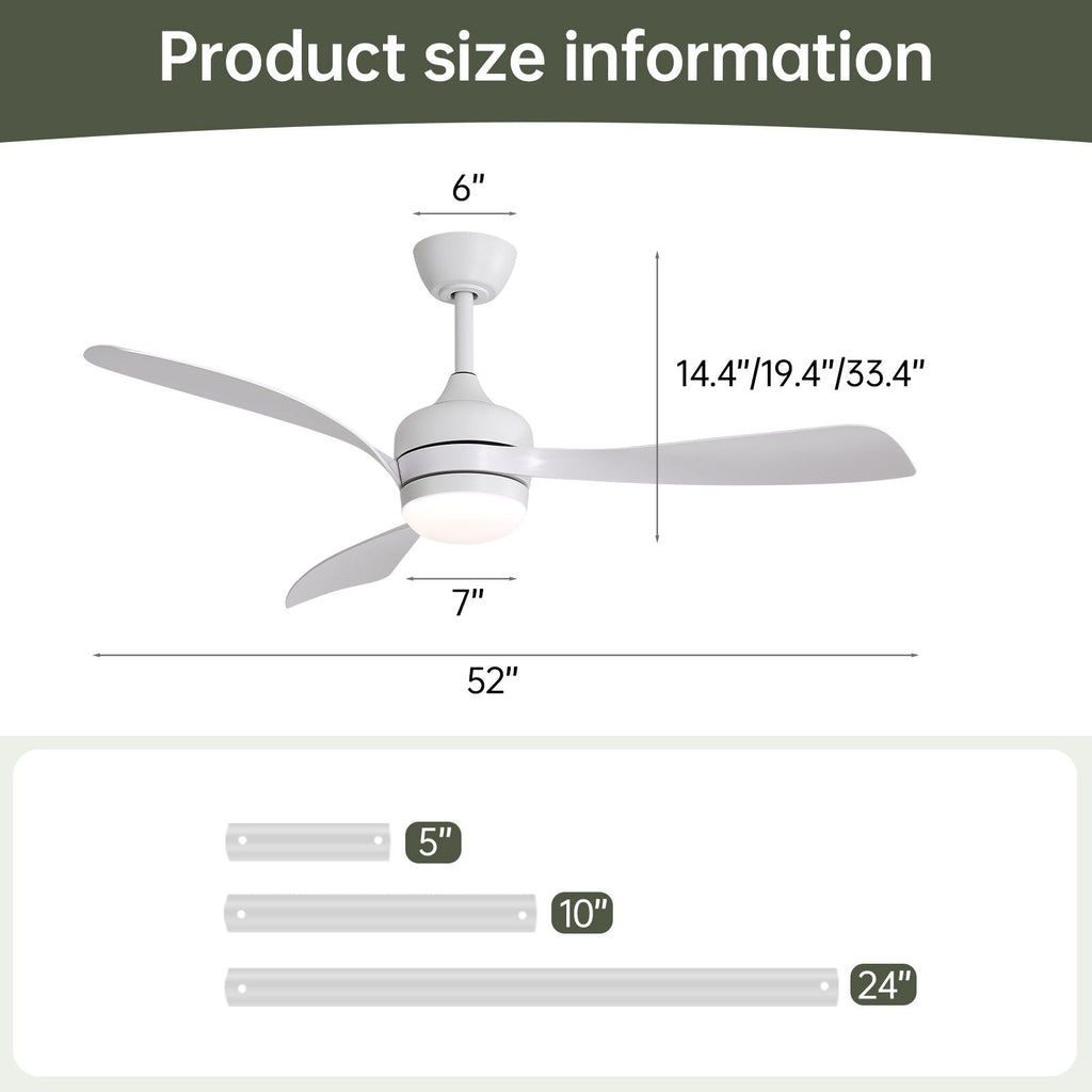 Ceiling Fan With 3 Blades, Remote Control, Reversible DC Motor, Noiseless Operation, 3 Downrods