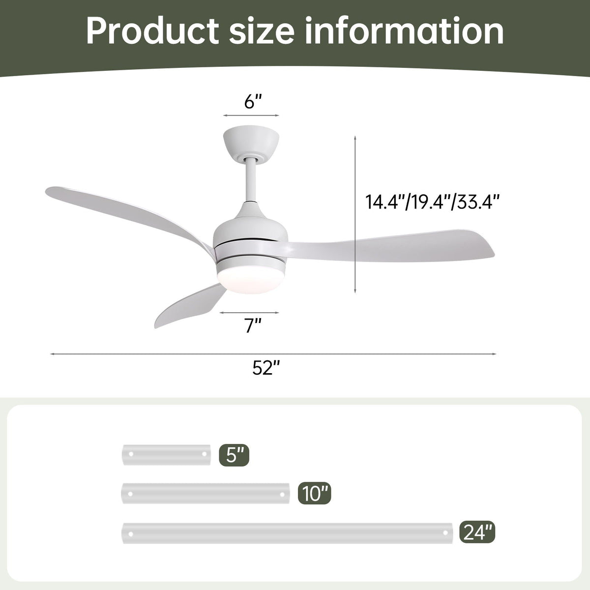 Ceiling Fan With 3 Blades, Remote Control, Reversible DC Motor, Noiseless Operation, 3 Downrods