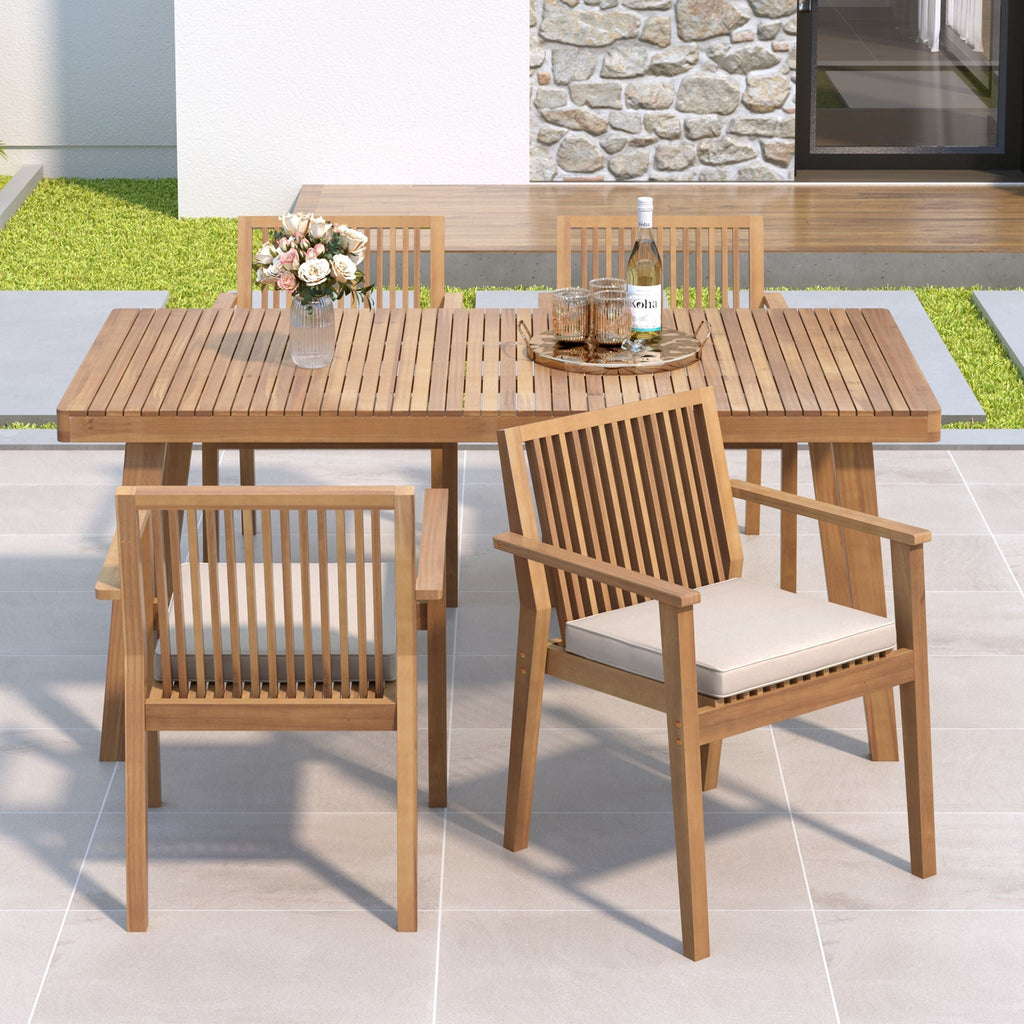 5 Piece Patio Furniture Set Acacia Wood Table And 4 Heavy Duty Cushioned Chairs
