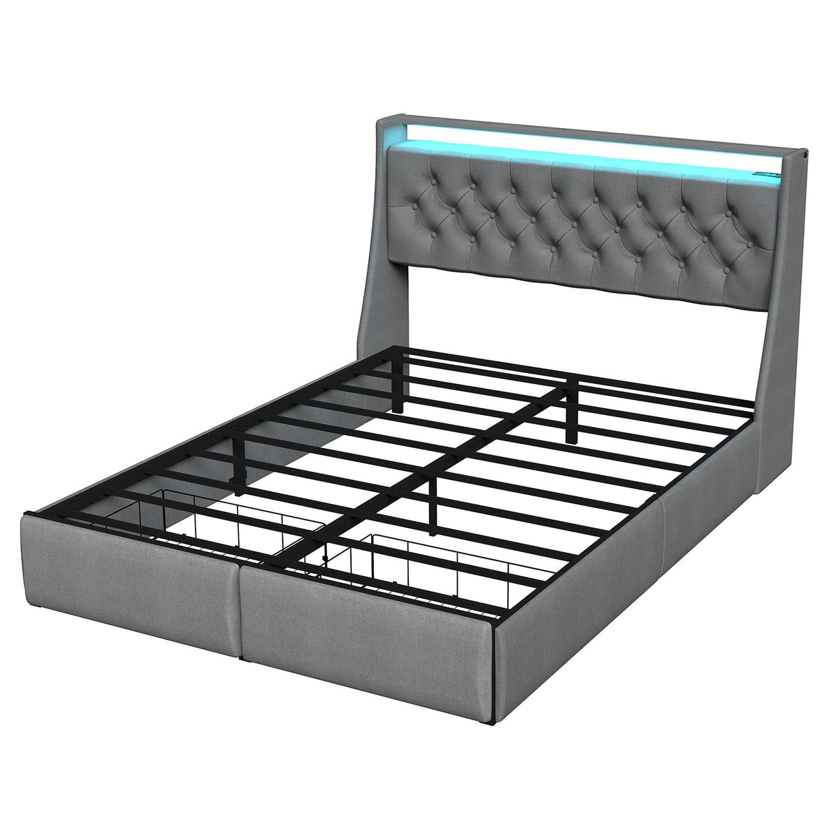 Bed Frame With Storage Headboard, RGB LED Light & USB Charging Station