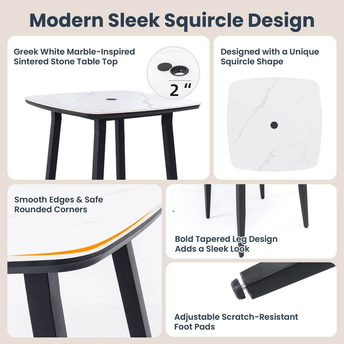 5 Pieces Outdoor Patio Bar Set, Rounded Square Sintered Stone Table & 4 Swivel Bar Chairs