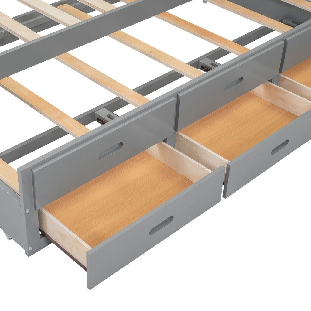 Full Size Platform Bed With Trundle, Drawers, USB Ports And Built In Shelves - Gray