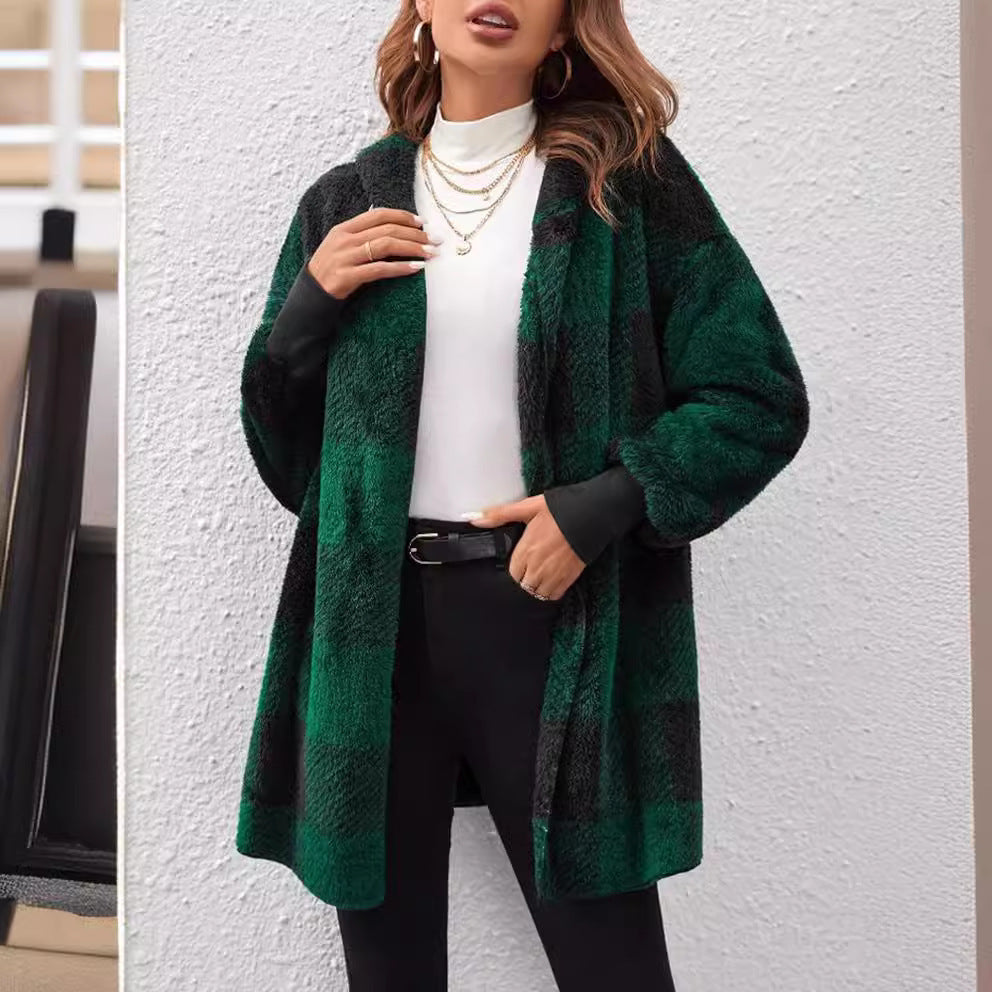 Women's Plaid Color-Stitch Knit Coat – Loose Long Sleeve Cardigan