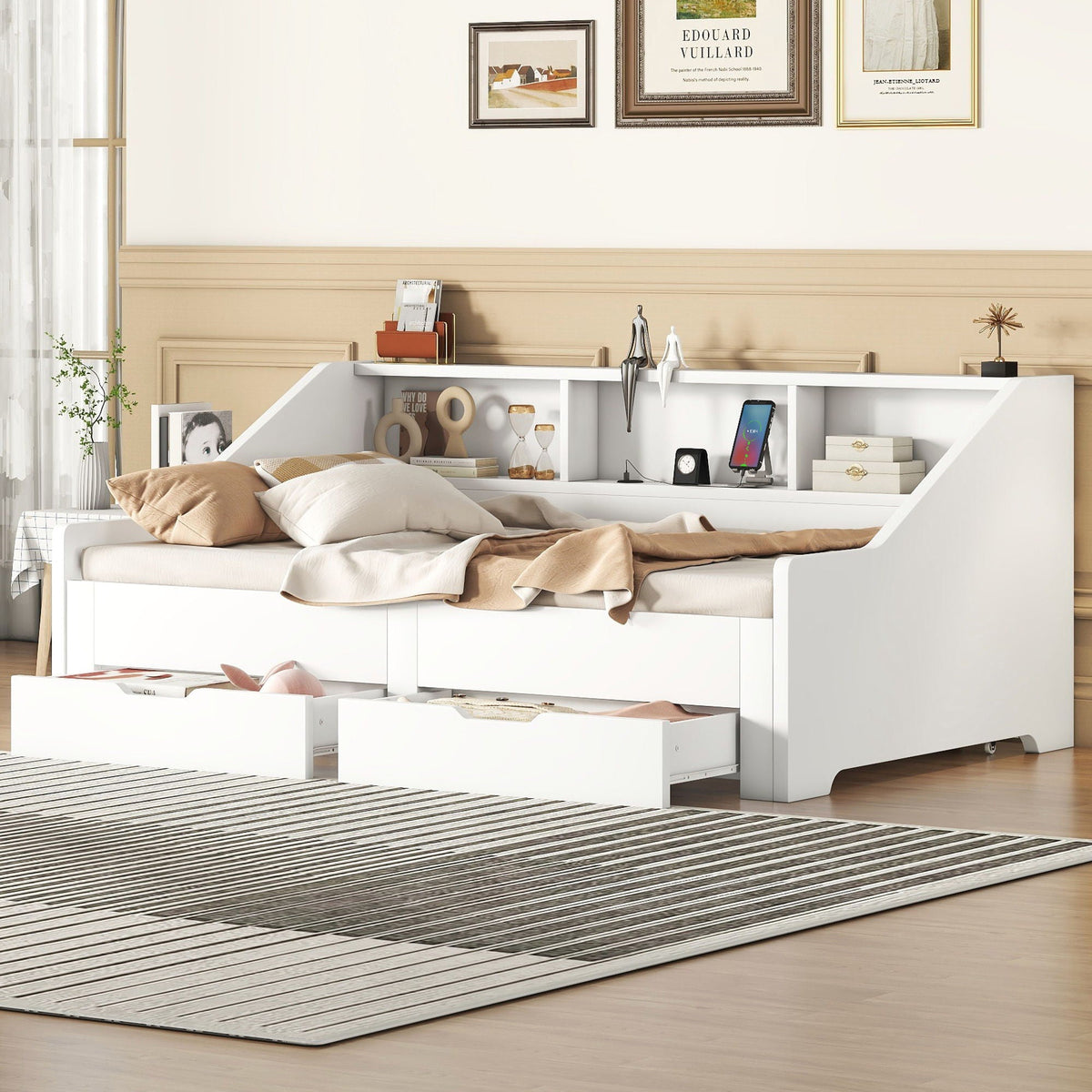 Daybed Frame With Storage Bookcases, 2 Drawers, Charging Station
