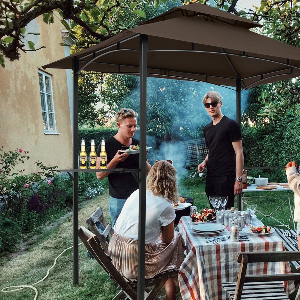 Outdoor Grill Gazebo With Double Tier Soft Top Canopy, Steel Frame, Bar Counters & Hook