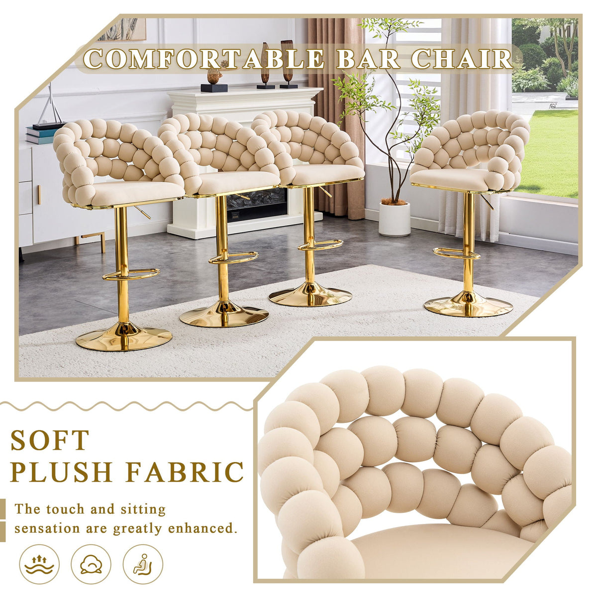 Puffy Bubble Chair, Ball Chain (Set of 2) - Beige / Gold