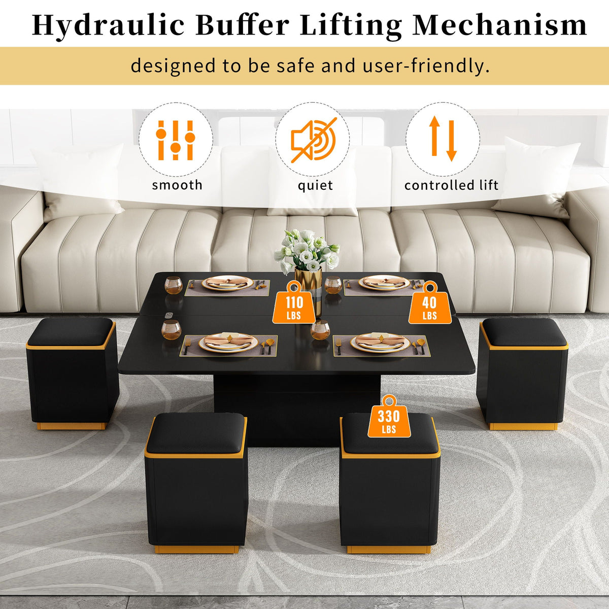 Lift Top Coffee Table With 4 Storage Stools