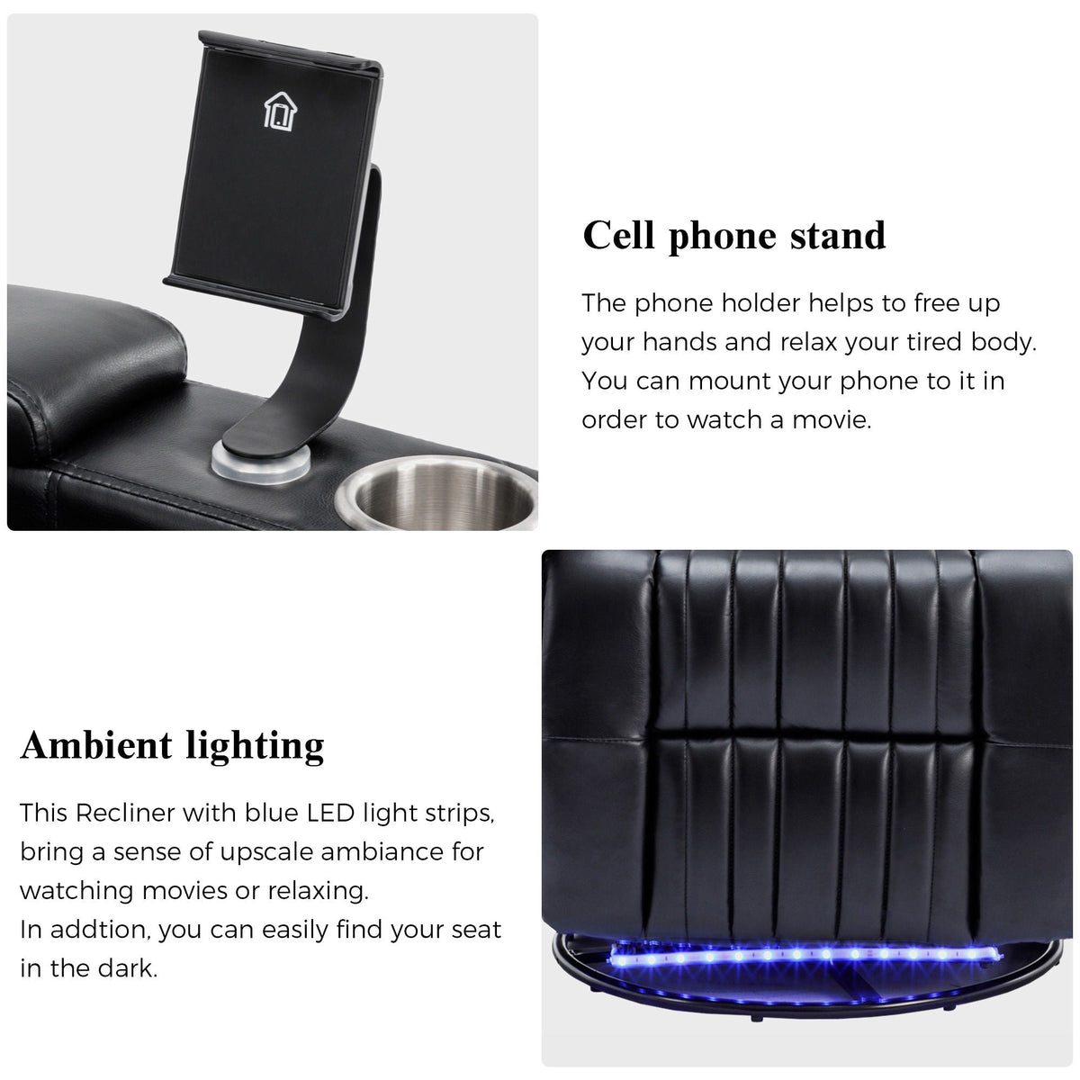 270° Power Swivel Recliner Home Theater Chair With Hidden Arm Storage, LED Light, Cup Holder, And Tray Table