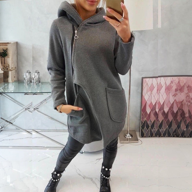 Half-high Neck Side-zip Hoodie With A Hood And Fleece-lined Pockets