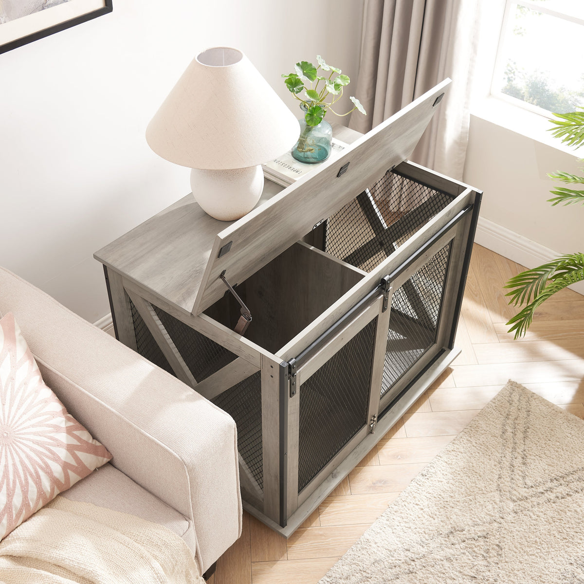 Farmhouse Dog Cage Crate Furniture with Sliding Barn Door