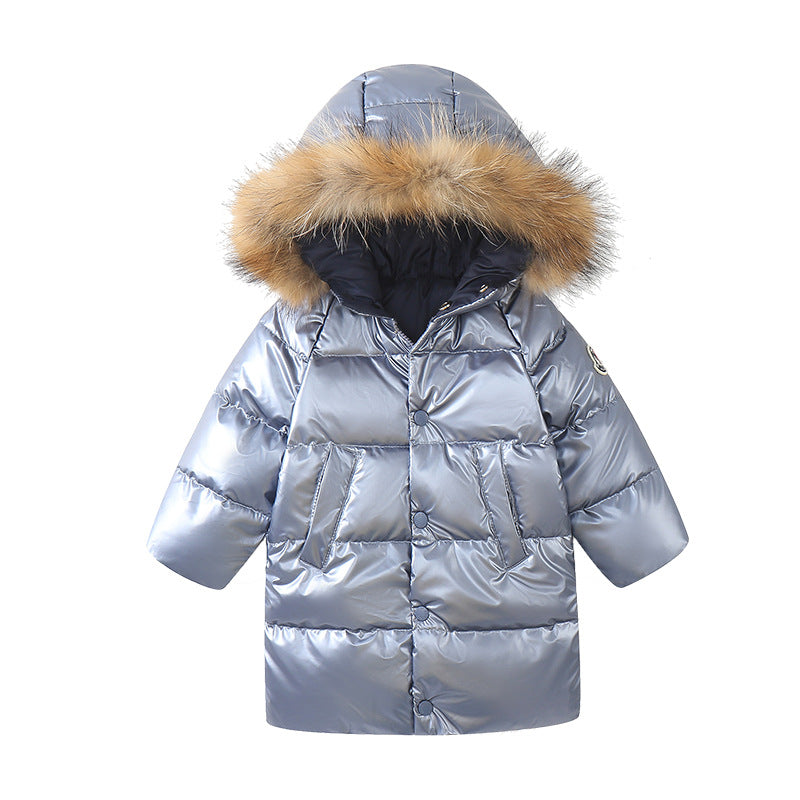 Autumn And Winter Children's Down Jacket Mid-length Big Fur Collar Thick Down Coat Glossy Winter Children's Clothing Wholesale
