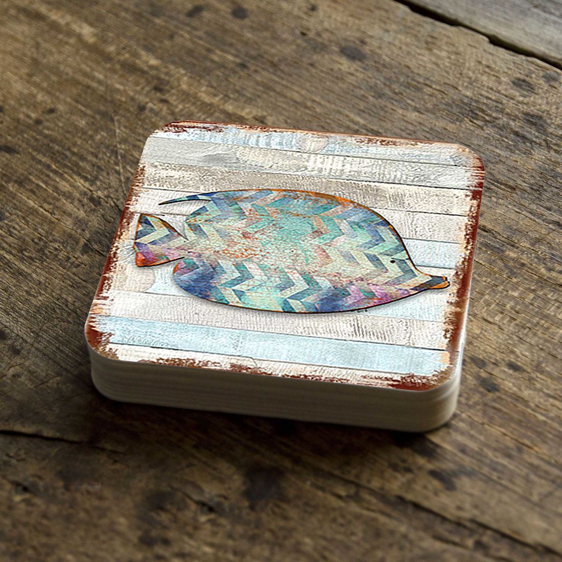 Tropical Fish Coastal Wooden Cork Coasters Gift Set of 4 by Nature Wonders - Coastal Sea-Life Decor - 8198527-2-9C-S4