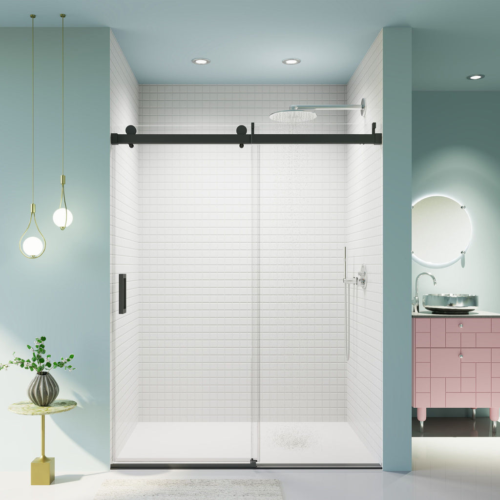 Frameless Single Sliding Soft Close Shower Doors, 3 / 8" Tempered Glass Reversible Installatio