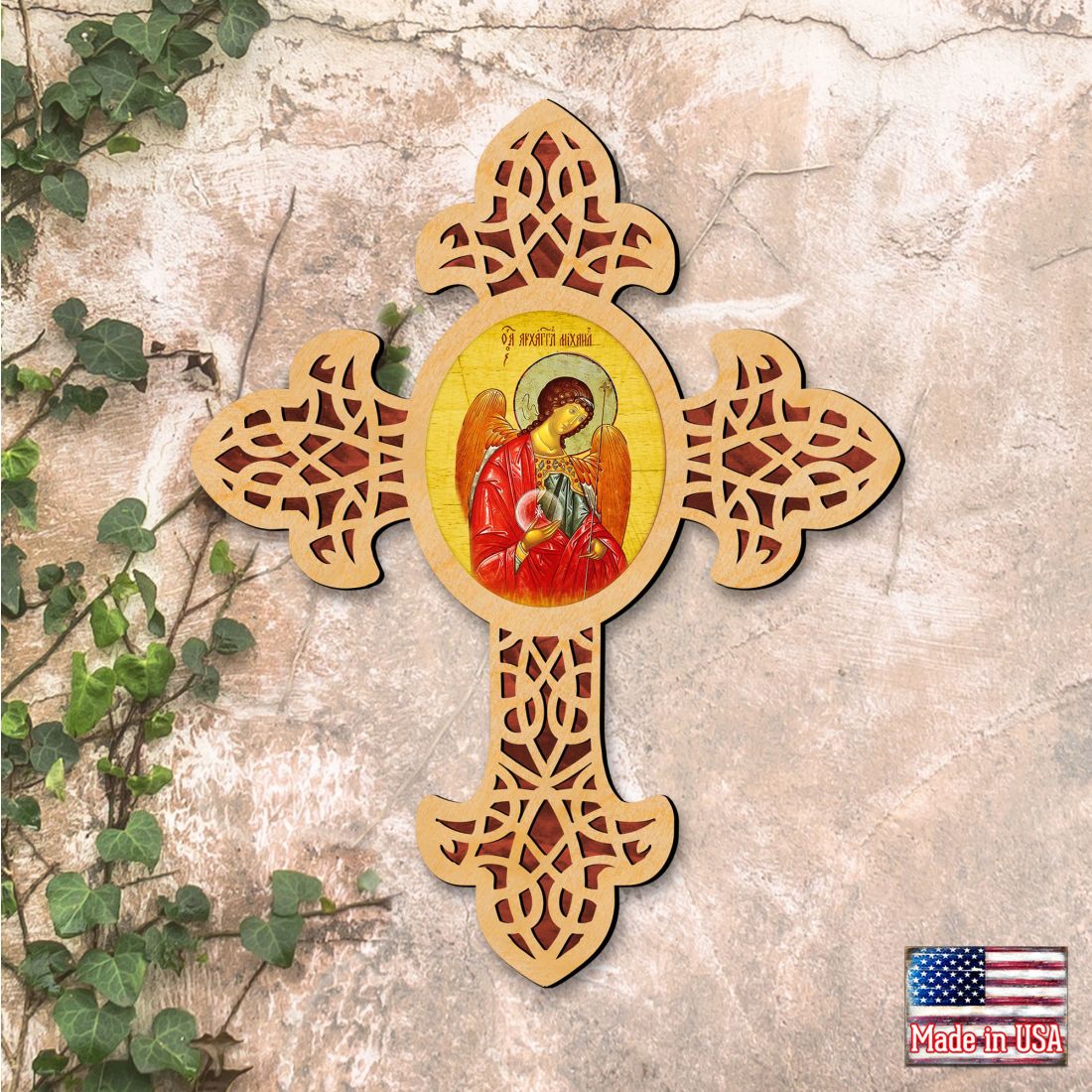 Archangel Michael Pointy Wooden Cross by Museum Icons - Inspirational Icon Decor - 88327