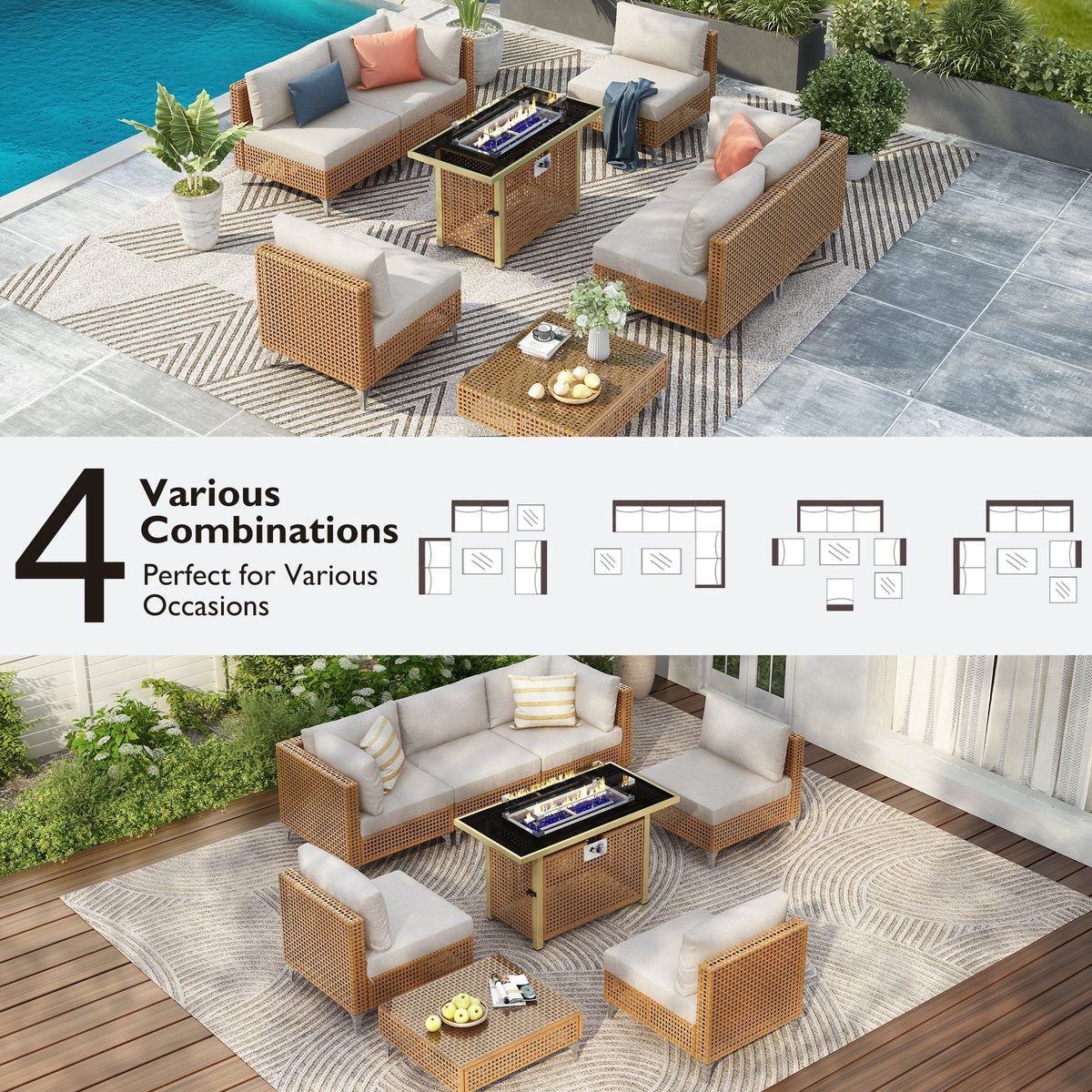 K&K 8-Piece Patio Furniture Set with Fire Pit Table
