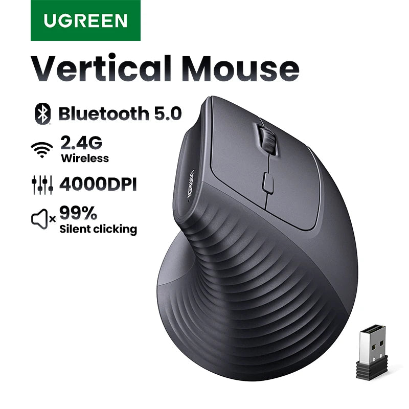 Bluetooth 2.4G Vertical Wireless Mouse Ergonomic 4000DPI 6 Mute Buttons for Macbook Tablet Laptops