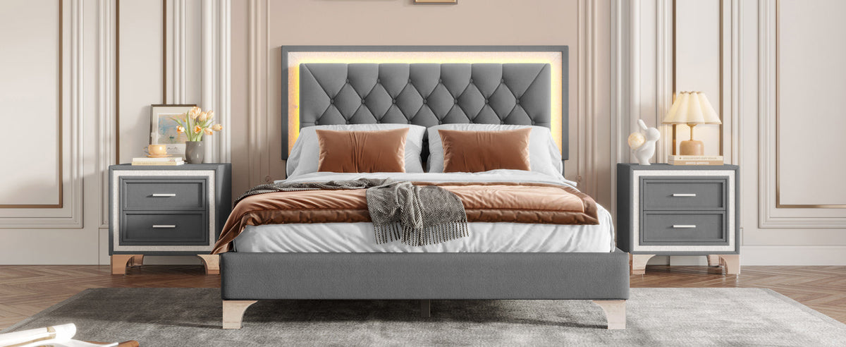 3-Pieces Bedroom Set, Queen Size Upholstered Platform Bed with LED Lights and Two Nightstands - Gray