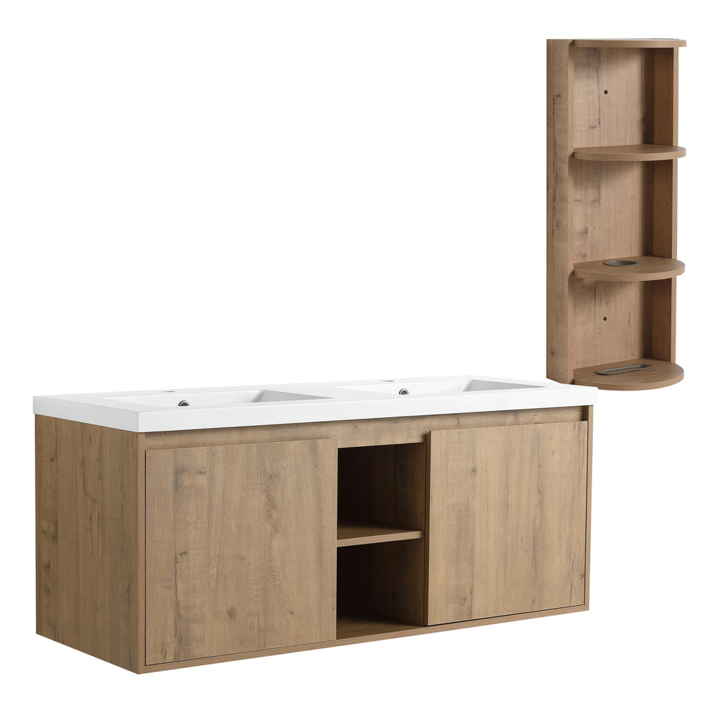 48" Wall Mounted Bathroom Vanity With Double Resin Sink And Storage Rack Soft Close Doors Plywood Construction - Imitative Oak