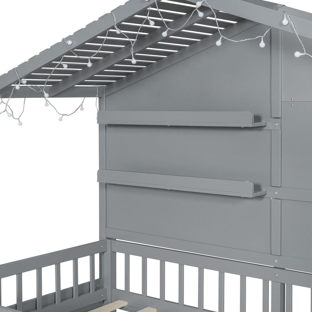 House Bed With Shelves, Window And Sparkling Light Strip On The Roof