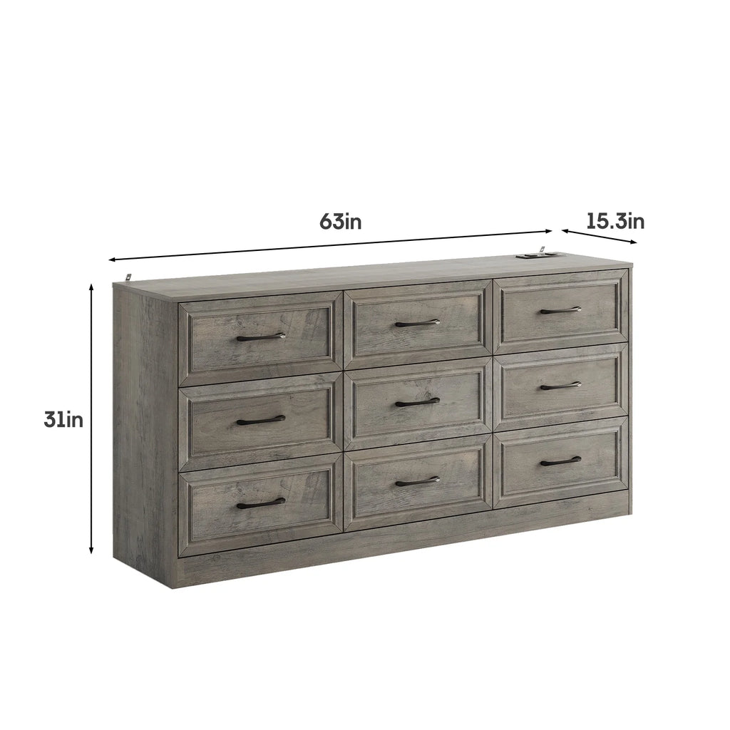 Dresser for Bedroom 9 Drawer Wide Dresser with Charging Station,Grey