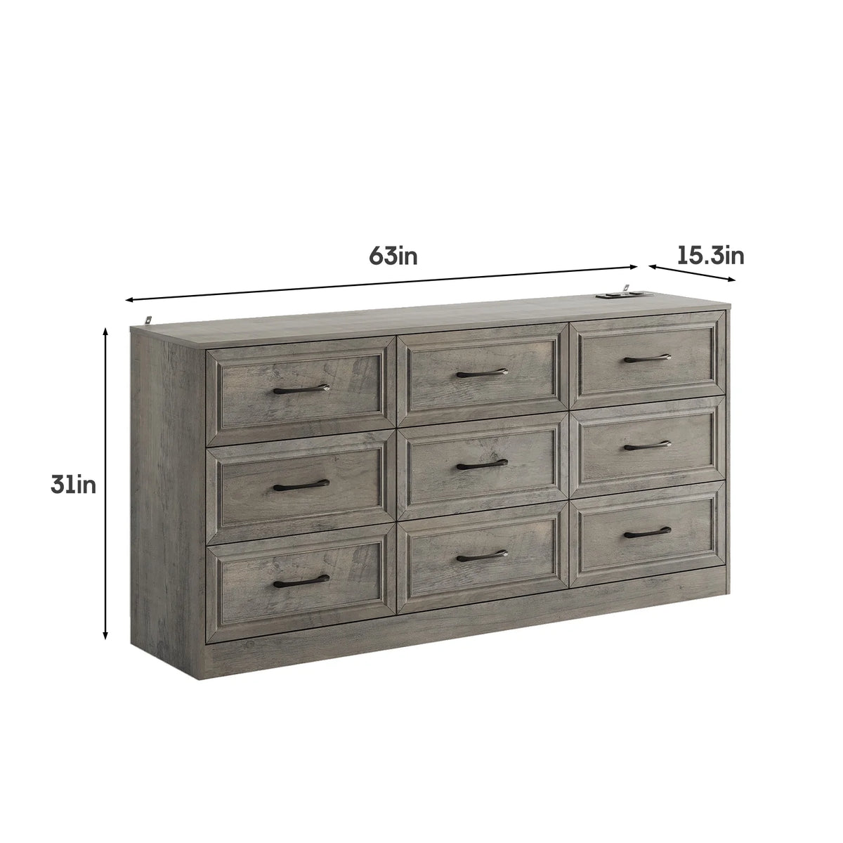 Dresser for Bedroom 9 Drawer Wide Dresser with Charging Station,Grey