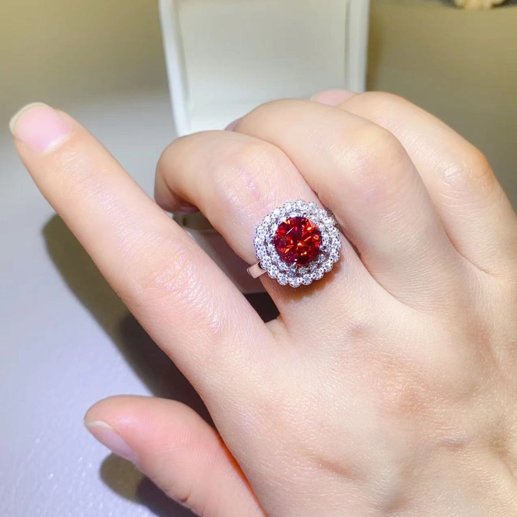 2 Carat Red Red Brilliant Round Cut Sparkala™ Pure Sterling Silver Halo Ring