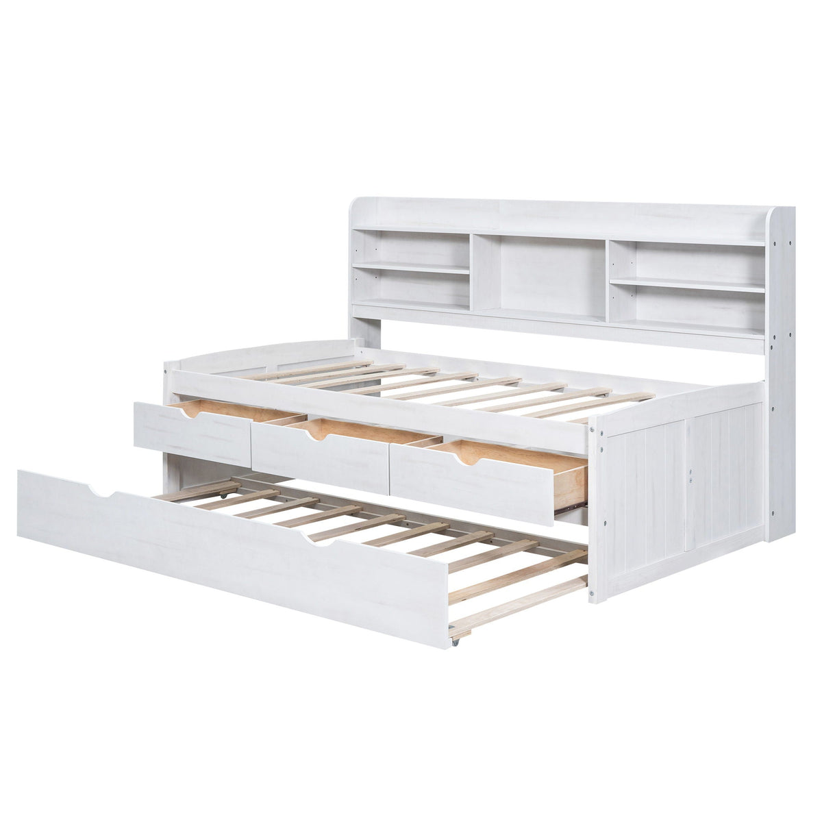 Captain Bed With Built In Bookshelves, 3 Storage Drawers, And Trundle