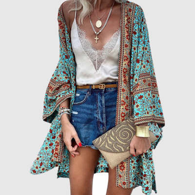 Casual Fashion Vacation Batwing Long Sleeve Cardigan Printed Top