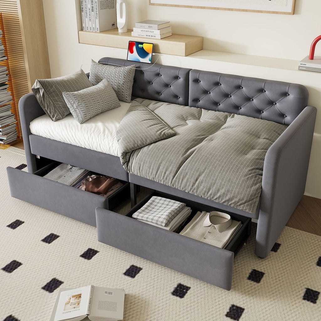 Twin Size Upholstered Daybed With 2 Storage Drawers And USB Charging Design - Gray