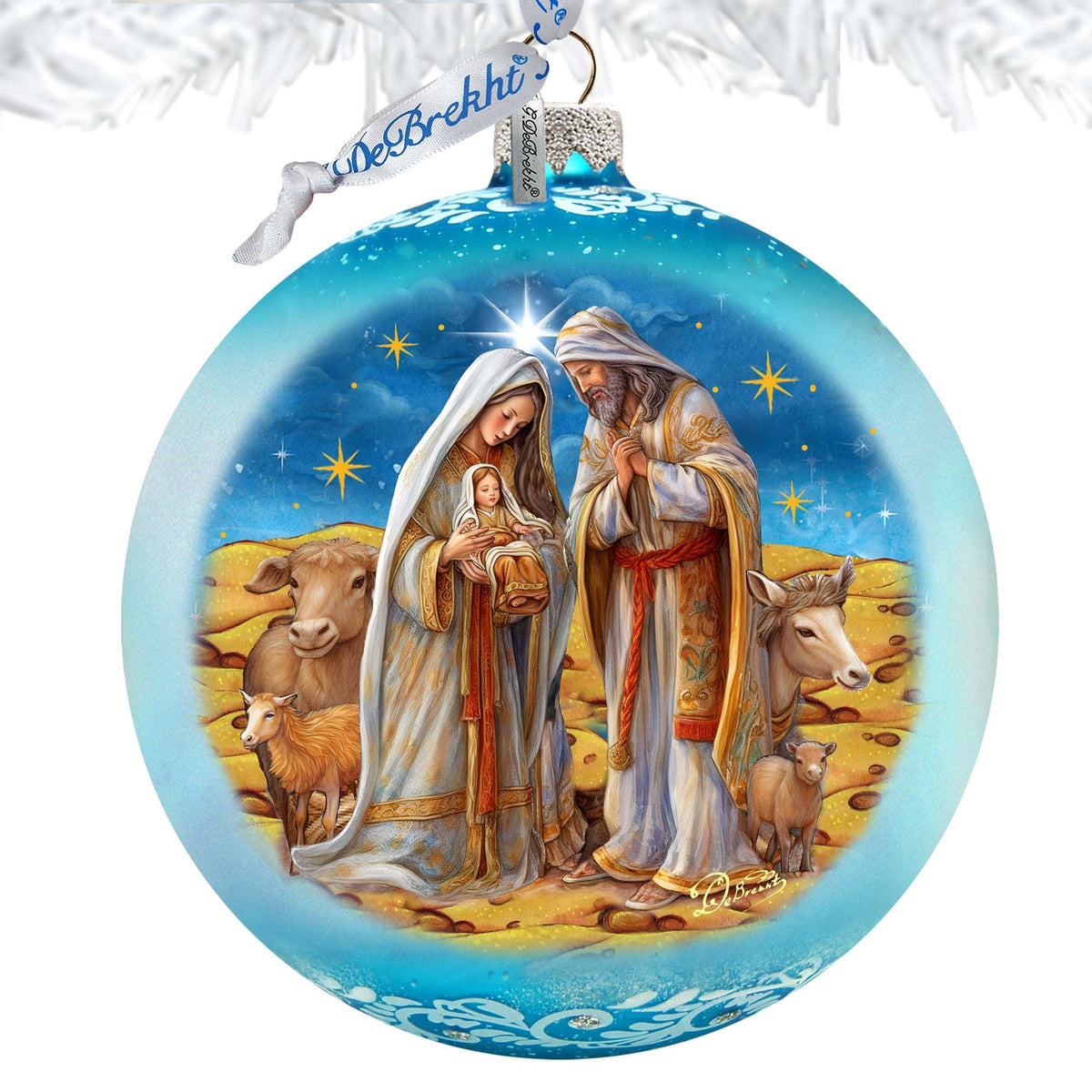 Betelhems Miracle in Blue Lg Glass Ornament by G.Debrekht - Nativity Holiday Decor - 73939B