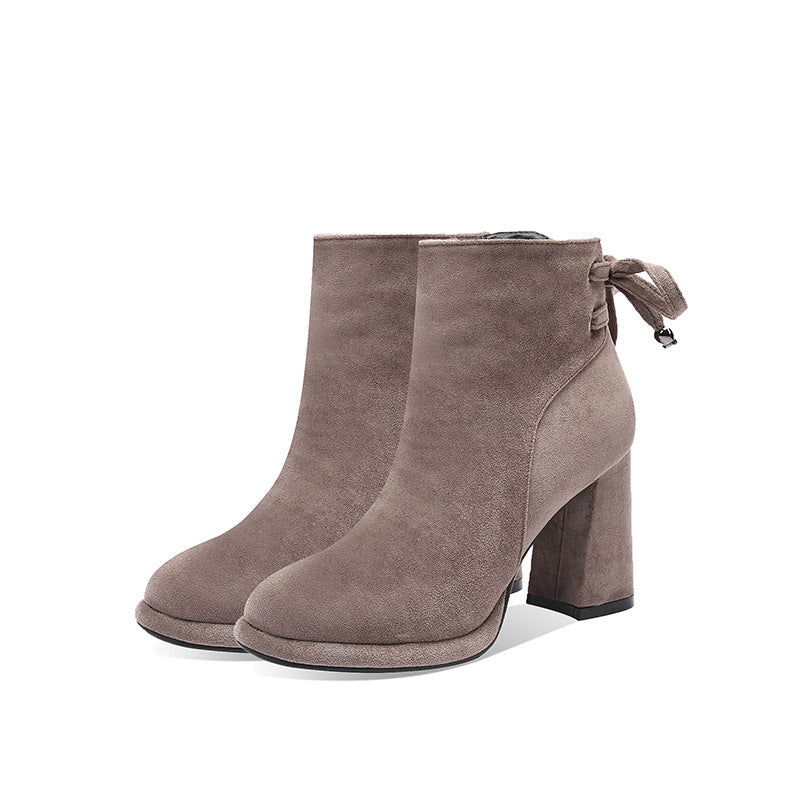 Women's Suede Chunky Heel Ankle Boots – Round Toe Back Zip