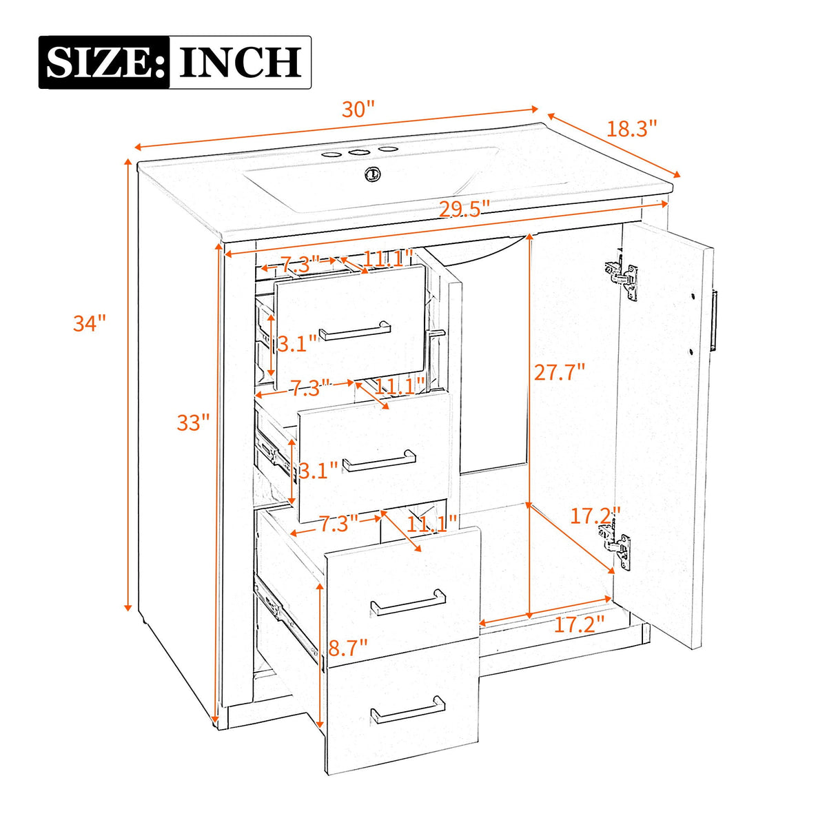 Ceramic Sink Combo, Freestanding Vanity Set With 3 Drawers & Soft Closing Doors