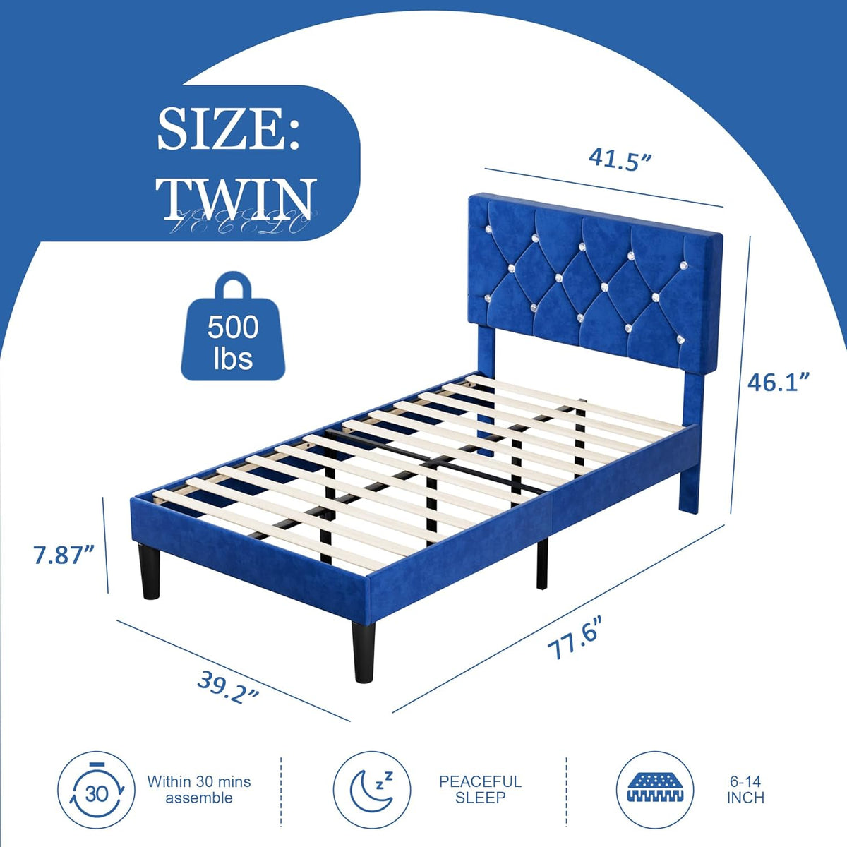 Twin Size Bed Frame, Upholstered Platform with Adjustable Diamond Tufted Headboard, Wood Slat Support, No Box Spring Needed, Navy Blue