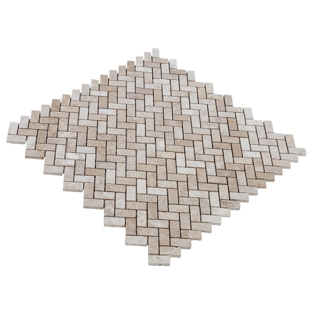 Medium Beige Travertine Tumbled Herringbone Mosaic Floor and Wall Tile - Livfloors Collection