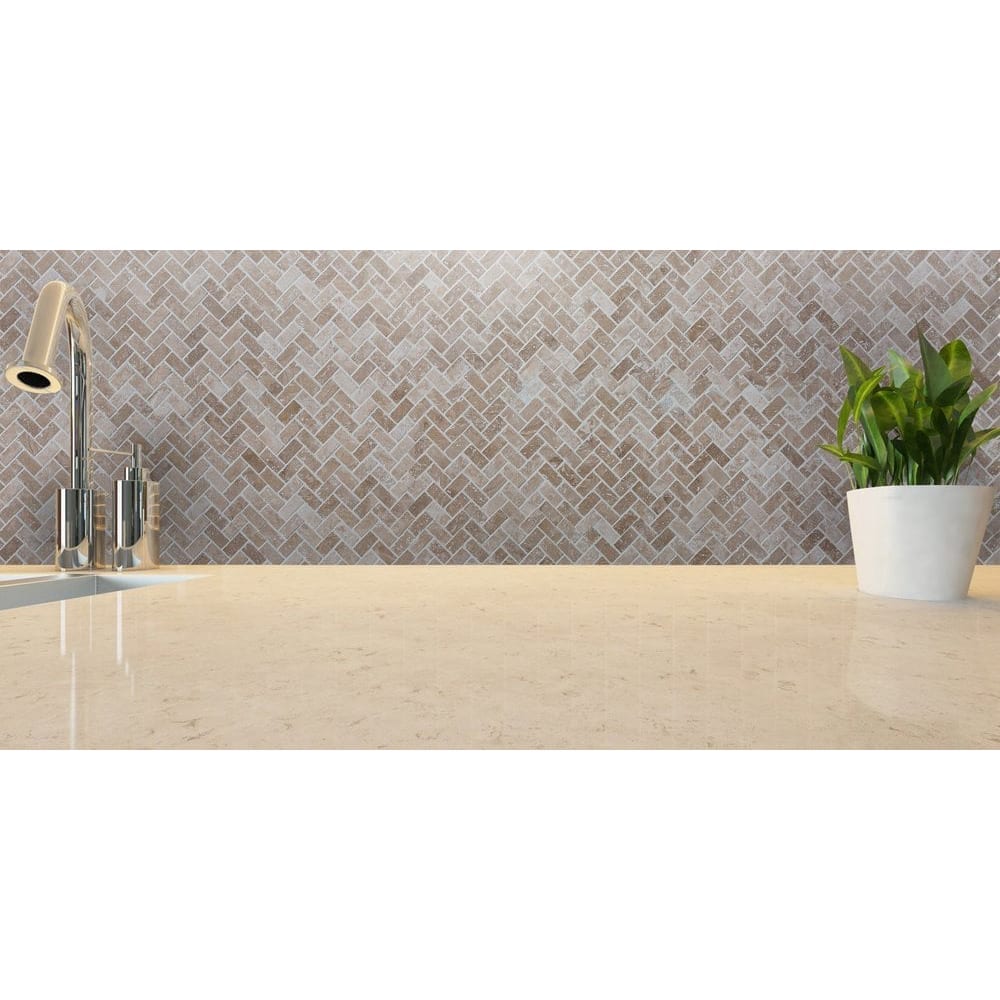 Medium Beige Travertine Tumbled Herringbone Mosaic Floor and Wall Tile - Livfloors Collection