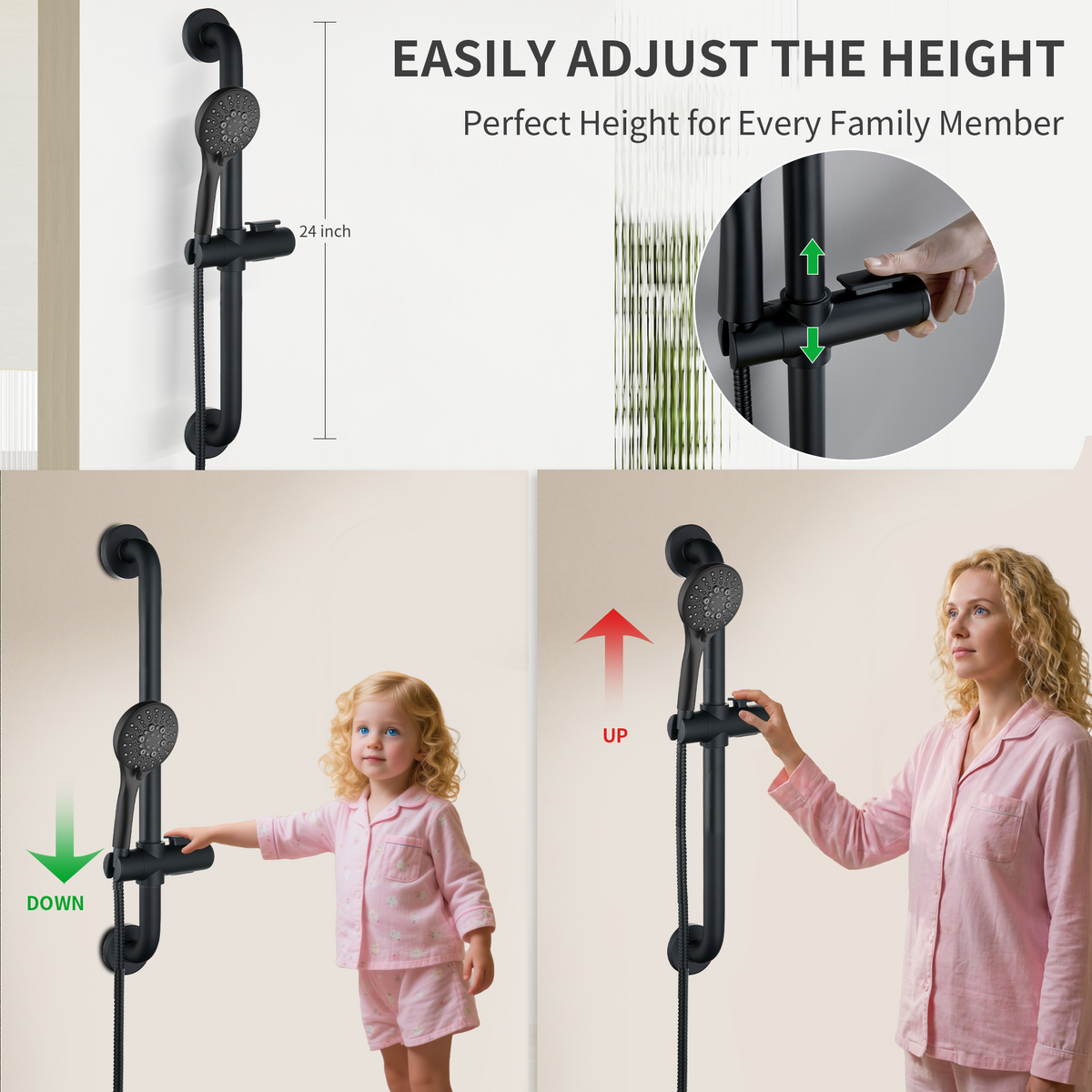 Stainless Steel Slide Bar Grab Rail Set  Includes Handheld Shower Head and 69'' Hose