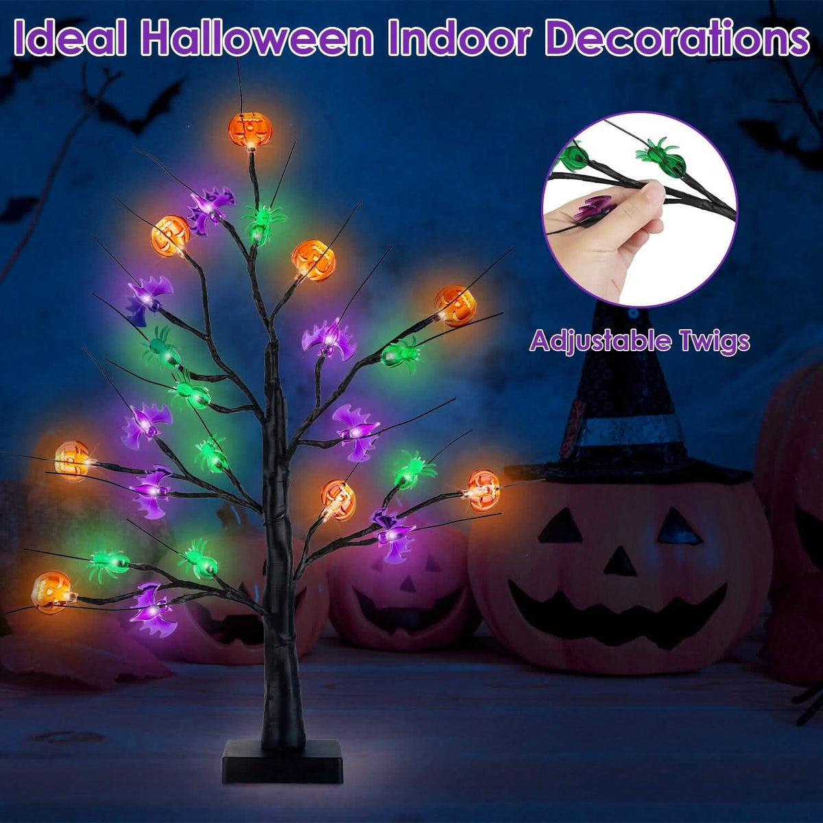2-Pack: Lighted Halloween Trees with Timer and Adjustable Twigs