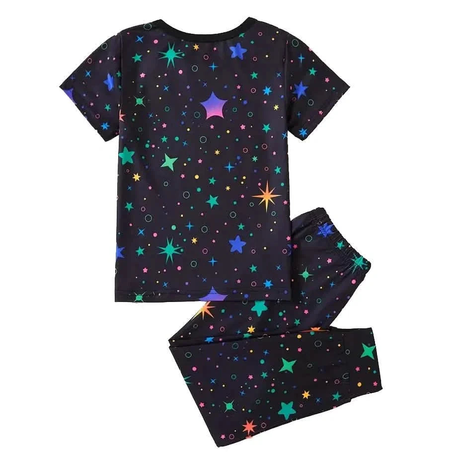 2-Piece Set: Cute Starry Unicorn Pattern Short Sleeve Top + Jogger Pants Co-ords Set