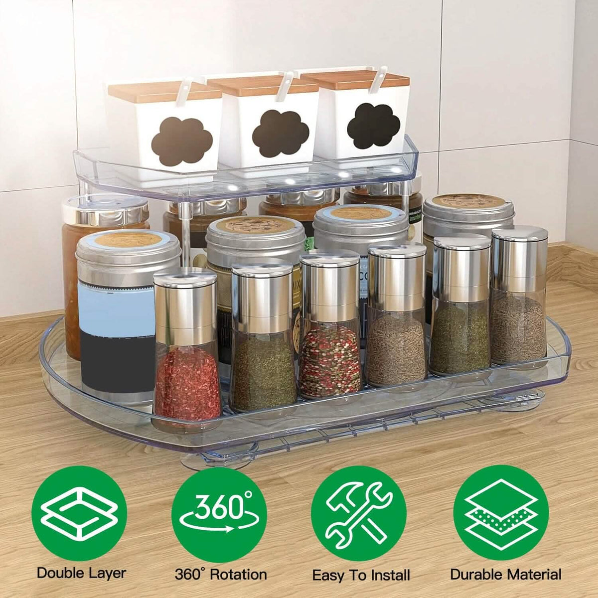 2-Tier Turntable Organizer Rectangular Refrigerator Spinner Storage Rack with 360° Rotatable Slide Rail