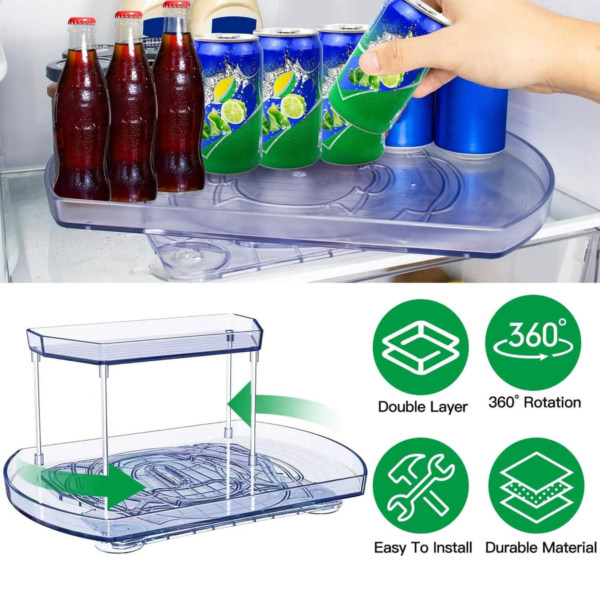 2-Tier Turntable Organizer Rectangular Refrigerator Spinner Storage Rack with 360° Rotatable Slide Rail