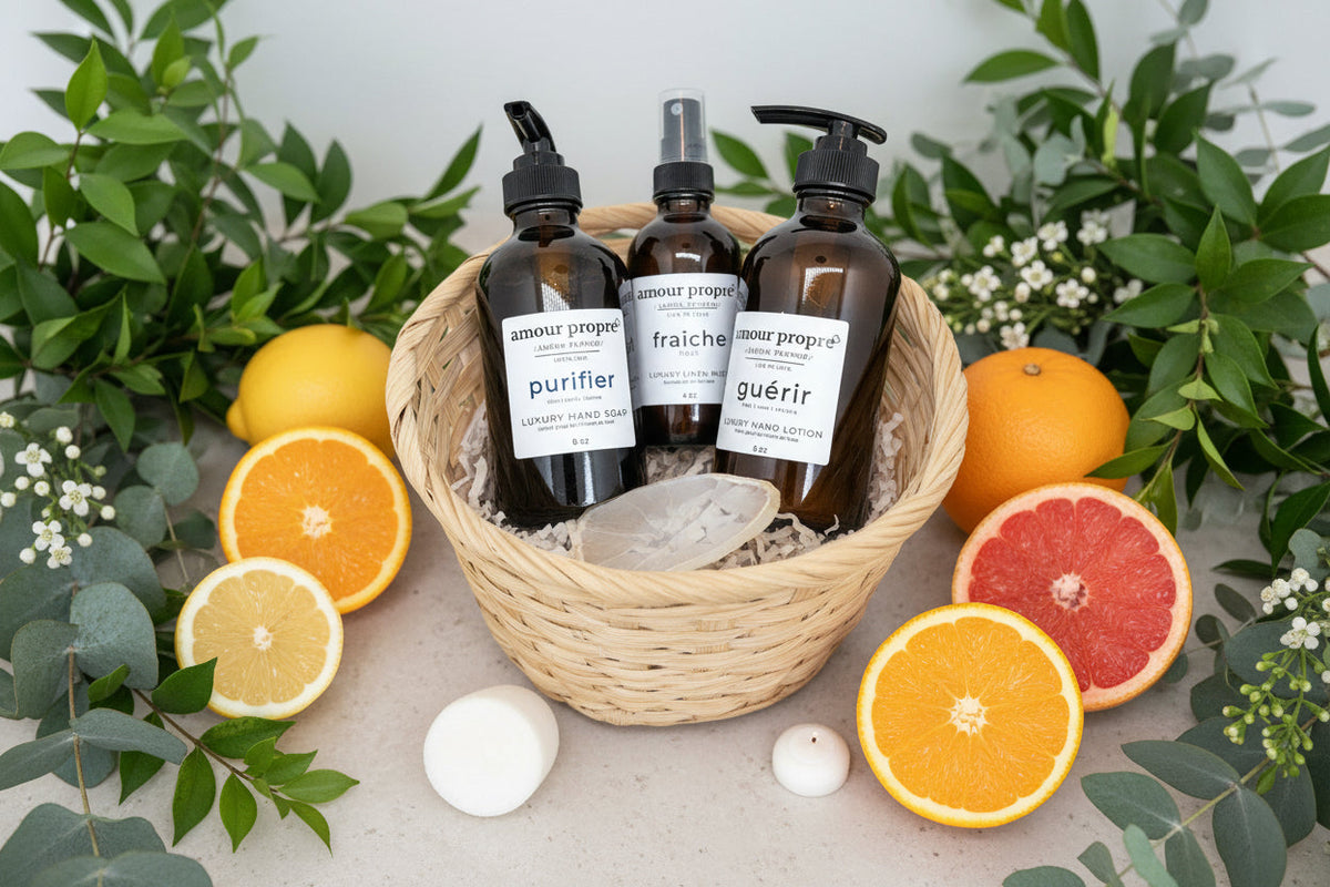 Amour Propre® LUX COLLECTION - Citrus and Rosemary Hand Soap, Hand Lotion, Soy Candle