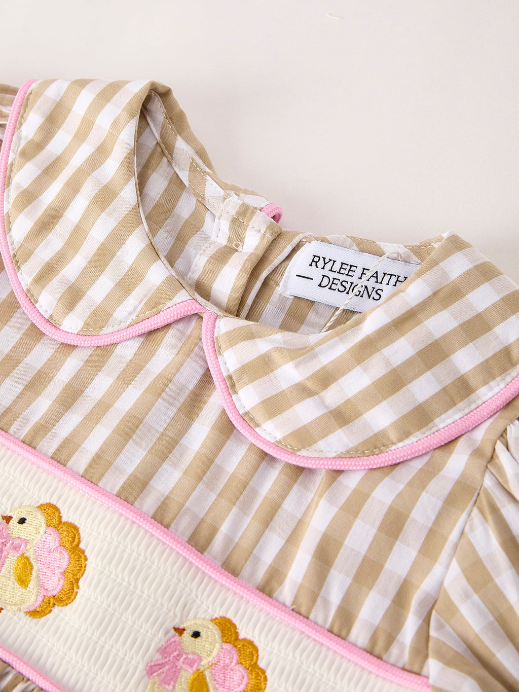 Fall Thanksgiving Lapel Plaid Chick Embroidery Smocking Bow Baby Girls Dress
