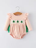 Christmas Tree Smocked Embroidery Stripe Baby Girls Romper