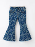 Girls Denim Bell Bottom Pants Decorative Print Flare Jeans