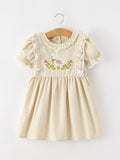 Girls Goose Embroidered Beige Plaid Ruffle Dress