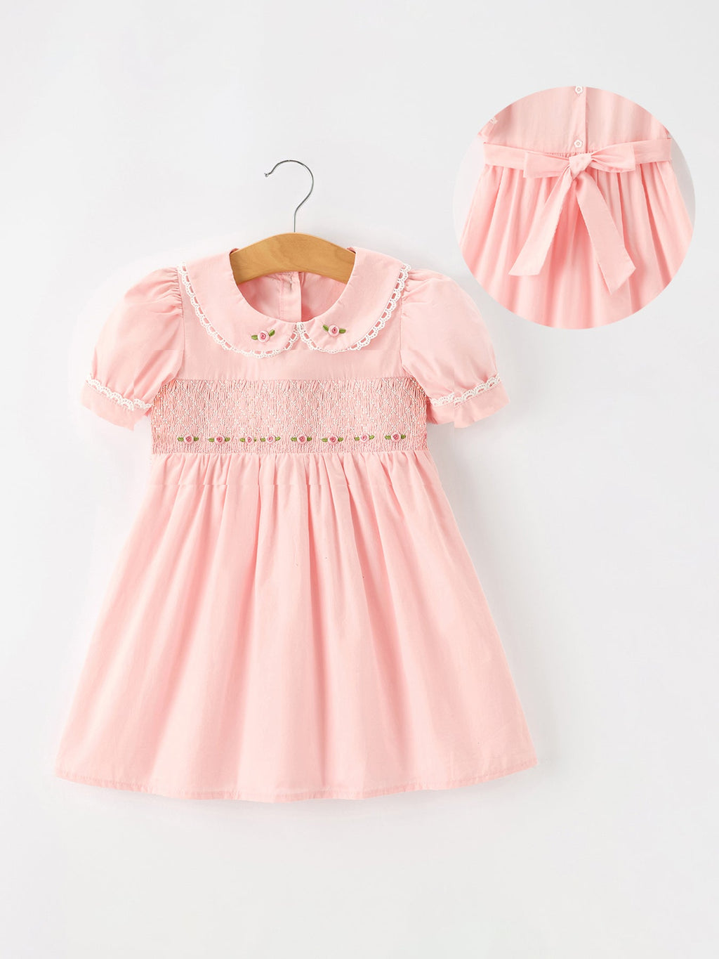 Fall Girls Pink Floral Embroidered Smocked Peter Pan Collar Dress