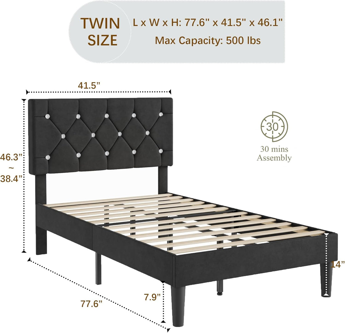 Twin Size Bed Frame, Upholstered Platform with Adjustable Diamond Tufted Headboard, Wood Slat Support, No Box Spring Needed, Velvet & Black